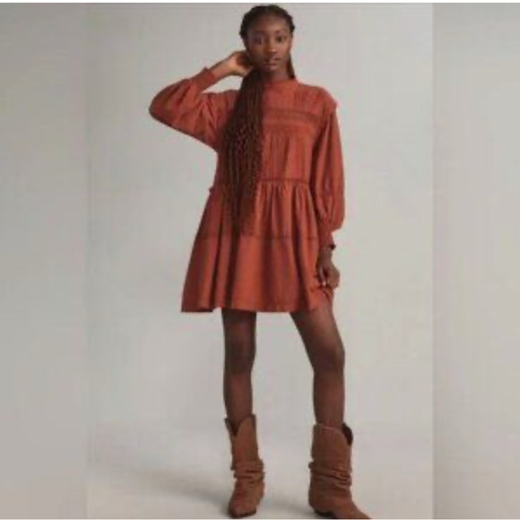 Anthropologie Pilcro Terracotta Long-Sleeve Mock-Neck Swing‎ Mini Dress XS - Picture 1 of 9